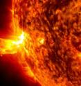 This image from June 20, 2013, at 11:15 p.m. EDT shows the bright light of a solar flare on the left side of the sun and an eruption of solar material shooting through the sun's atmosphere, called a prominence eruption. Shortly thereafter, this same region of the sun sent a coronal mass ejection out into space.