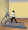 An avatar demonstrates walking at a moderate pace on a treadmill, a skill that can help with weight control.