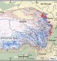 The researchers studied the traditional and current presence of Han Chinese in the Tibetan homeland. A map (above) of 1,960 settlements indicated if a location has a Han Chinese (red dots) or Tibetan (blue dots) name. The presence of traditionally Chinese towns peaked at 8,900 feet, or 2,700 meters, above sea level (yellow areas). Meanwhile, the greatest number of settlements with a Tibetan name is at 14,760 feet, or 4,500 meters (white area).