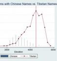 The average elevation of the 1,960 towns examined was 12,500 feet (3,810 meters) above sea level and only 23 percent had a Han Chinese name. The number of Tibetan town names (dotted line) does not drop off until 17,000 feet (5,200 meters) above sea level after peaking at 14,760 feet (4,500 meters) (vertical red line).