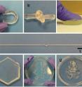 Agar/PAM DN hydrogels show extraordinary mechanical and free-shapeable properties: (a) bending; (b) knotting; (c) compression; (d) (stretching); (e) hexagon; (f) teddy bear gel under compression; and (g) teddy bear gel after force release.