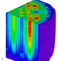 This CASL visualization shows the thermal distribution of neutrons in Watts Bar Unit 1 Cycle 1 reactor core at initial criticality, as calculated by the VERA program.