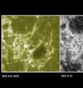 These two images show a section of the sun as seen by NASA's Interface Region Imaging Spectrograph, or IRIS, on the right and NASA's SDO on the left. The IRIS image provides scientists with unprecedented detail of the lowest parts of the sun's atmosphere, known as the interface region.