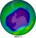 The largest ozone hole over Antarctica (in purple) was recorded in September 2006. Thanks to the Montreal Protocol, the amount of ozone-depleting chemicals in the atmosphere peaked in the late 1990s and Antarctica's ozone hole is expected to recover by 2060.