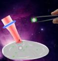 Optical manipulation of plasmid-coated particles and insertion into the cell through a small pore punctured by a short-pulsed laser is shown. Plasmids produce a green fluorescent protein once inside the cell. Drawing is not to scale.
