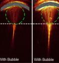 These are laboratory images of a light beam without a bubble lens, followed by three examples of different bubble lenses altering the light.