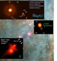 Equipped with the newly developed MagAO adaptive optics system, the Magellan Telescope revealed details about the Orion nebula. The background image, taken with the Hubble Space Telescope, shows the Trapezium cluster of young stars (pink) still in the process of forming. The middle inset photo reveals the binary nature of the Theta Ori C star pair. The bottom insert shows a different binary young star pair shaped by the stellar wind from Theta 1 Ori C.