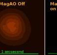 The power of visible light adaptive optics: On the left is a "normal" photo of the theta 1 Ori C binary star in red light. The middle image shows the same object, but with MagAO's adaptive optics system turned on.  Eliminating the atmospheric blurring, the resulting photo becomes about 17 times sharper, turning a blob into a crisp image of a binary star pair.  These are the highest resolution photos taken by a telescope.