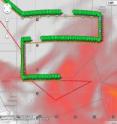 The Global Hawk track is overlaid on the GEOS-5 dust forecast (red shading). Green symbols show the locations of real-time S-HIS temperature and dew point temperature retrievals (right image, from the location of the plane symbol in the left image) which shows very dry air over the remnants of Erin.