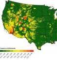 Nearly one in 10 US watersheds is "stressed," with demand for water exceeding natural supply, according to a new, CIRES-led analysis of surface water in the United States. This map shows all stressed watersheds in the continental United States (1999-2007), with color indicating increasing levels of stress, from light green to red.