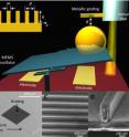 This is a schematic drawing of the experimental configuration used to measure the Casimir force between a gold-plated sphere and a nanonstructured grating.