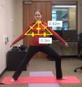 An incorrect Warrior II yoga pose is outlined showing angles and measurements. Using geometry, the Kinect reads the angles and responds with a verbal command to raise the arms to the proper height.