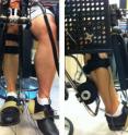 This is a front and side view of a volunteer wearing the Anklebot in a seated posture. During experiments, the robot moved the ankle and recorded its stiffness in multiple directions.