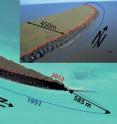 This photo illustration shows the erosion of the east-Siberian island Muostakh. The blue line marks ist coastal line in the year 1951, the red line presents its status in the year 2012. In the upper right corner one can see an aerial picture of the island's northern tip, taken in the year 2012. At its narrowest point the island is shrinking more than four meters per year.