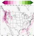 The researchers found that deforestation could mean 20 percent less rain for the coastal Northwest. The figure above shows the change (in millimeters per day) in daily average precipitation after total Amazon deforestation compared to before deforestation. The pink to dark-pink range indicates a drop in precipitation of up 1.6 mm less per day once the Amazon is gone. Areas with statistically significant changes are hatched.