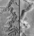 This is a split panel comparing a section of Arizona's Grand Canyon on left against a section of Mars' Nanedi Valles on right. Nanedi Valles is located in the Lunae Palus quadrangle of Mars. The northern part of the Nanedi Valles image shows a river once cut through it, similar to the one flowing through the Grand Canyon. Although this section of Nanedi Valles is nearly 2.5 km in width, other portions are at least twice as wide. Slight morphologic differences between the two canyons are attributable to the great age differences between the regions and the correspondingly higher degree of erosion on Mars.