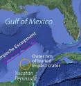 This map shows the Gulf of Mexico and the locations of the Campeche Escarpment and the buried impact crater that caused a global extinction event about 65 million years ago.