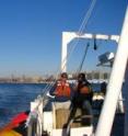 This is John Goff of the University of Texas Institute for Geophysics and Beth Christensen of Adelphi University on Stony Brook University's R/V Seawolf outside Manhattan shipping out to the sites of their offshore survey, January 2013.