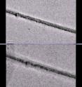Researchers can now view a battery at work in the high magnification world of transmission electron microscopy. Liquid battery electrolytes makes this view of an uncharged electrode (top) and a charged electrode (bottom) a bit fuzzy.