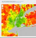 A CoolClimate Map of New York City's carbon footprint by zipcode tabulation area shows a pattern typical of large metropolitan areas: a small footprint in the urban core but a large footprint in surrounding suburbs.