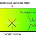 A topological Dirac semi-metal state is realized at the critical point in the phase transition from a normal insulator to a topological insulator. The + and - signs denote the even and odd parity of the energy bands.