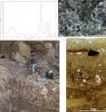 Upper left: This is an infrared spectrum of the grey sediments, right, showing that the dominant material is calcite, the mineral of which the wood ash is composed. Lower left: This is a photograph of the cave during excavation; arrow pointing to the hearth. Upper right: This is a micro-morphological image of the grey sediment showing dark grey particles and patches corresponding to the remains of wood ash. Lower right: This is a scan of a micro-morphological, thin section showing the layered burnt bones (yellow, brown and black fragments), intermixed with grey sediments.
