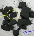 This photo compares the sample size typically used in meteorite studies (yellow oval) to the sample size used with the new equipment (blue circle) in Goddard's Astrobiology Analytical Laboratory.