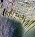 Dark elongated streaks called Recurring Slope Lineae observed in HiRISE images of Mars. The RSL form on sun facing slopes during warm season and fade during cold season.
