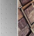 This image shows cells printed in a grid pattern by block cell printing technology (left) and woodblocks used in ancient Chinese printing (right).