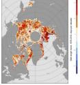 This map charts the change in the melt season over the past quarter century. Red areas see lengthened melt seasons, by up to 40 days over the entire period. In a handful of areas (shown in blue) the melt season has shortened.