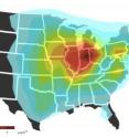 The map shows increase in annual mean surface concentration of particulate matter resulting from ammonia emissions associated with food export. Populated states in the Northeast and Great Lakes region, where particulate matter formation is promoted by upwind ammonia sources, carry most of the cost.