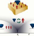 This image shows supersymmetry in a three-dimensional topological superconductor: Ising magnetic fluctuations (denoted by red arrows) at the boundary couple to the fermions (blue cone).