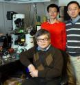 Researchers are shown with biomembrane force probe equipment. They are (l-r) Cheng Zhu (seated), Baoyu Liu and Wei Chen.