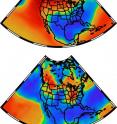 These maps show winter temperature patterns (top) and winter precipitation patterns (bottom) associated with a curvy jet stream (not shown) that moves north from the Pacific to the Yukon and Alaska, then plunges down over the Canadian plains and into the eastern United States. A University of Utah-led study shows that starting 4,000 years ago, the jet stream tended to become curvier than it was between 8,000 and 4,000 years ago, and suggests global warming will enhance such curviness and thus frigid weather in the eastern states similar to this past winter's. The curvy jet stream brought  abnormally warm temperatures (red and orange) to the West and Alaska and an abnormal deep freeze (blue) to the East this past winter, similar to what is shown in the top map, except the upper Midwest was colder than shown. The bottom map of a typical curvy jet stream precipitation pattern shows how that normally brings dry winters to reddish-orange areas and wet winters to blue regions. Precipitation patterns this winter matched the bottom map in many regions, except California was drier than expected and the upper Midwest was wetter than expected.