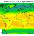 This image shows the average intensity of global UV-B radiation -- mean UV-B of highest month.
