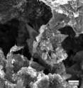 A scanning electron microscope image shows the ultracapacitor's composite film containing graphene flakes and single-walled carbon nanotubes.