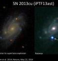 <p>A star in a distant galaxy explodes as a supernova: while observing a galaxy known as UGC 9379 (left; image from the Sloan Digital Sky Survey; SDSS) located about 360 million light years away from Earth, the team discovered a new source of bright blue light (right, marked with an arrow; image from the 60-inch robotic telescope at Palomar Observatory). This very hot, young supernova marked the explosive death of a massive star in that distant galaxy.

<p>A detailed study of the spectrum (the distribution of colors composing the light from the supernova) using a technique called "flash spectroscopy" revealed the signature of a wind blown by the aging star just prior to its terminal explosion, and allowed scientists to determine what elements were abundant on the surface of the dying star as it was about to explode as a supernova, providing important information about how massive stars evolve just prior to their death, and the origin of crucial elements such as carbon, nitrogen and oxygen.