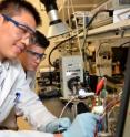 Caltech postdoctoral scholar Shu Hu demonstrates how to make photoelectrochemical measurements of a solar-fuels cell.