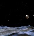 This artist concept shows Pluto and some of its moons, as viewed from the surface of one of the moons. Pluto is the large disk at center. Charon is the smaller disk to the right.