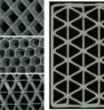 Left: Optical images of square, hexagonal, and triangular honeycomb structures composed of SiC-filled epoxy. Scale bars are 2 mm. Center and right: Optical images of a triangular honeycomb structure composed of SiC/C-filled epoxy, which reveal clear evidence of highly aligned carbon fibers oriented along the print direction. The scale bars are 500 &#956;m.