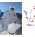 Locations of Antarctic ice core sites used for volcanic sulfate aerosol deposition reconstruction (right); a  DRI scientist examines a freshly drilled ice core in the field before ice cores are analyzed in DRI's ultra-trace ice core analytical laboratory.