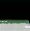 The scanning electron microscope shows the semiconductor (made of cadmium sulfide) on top of the metal surface (silver).