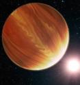 This is an artistic illustration of the gas giant planet HD 209458b in the constellation Pegasus. To the surprise of astronomers, they have found much less water vapor in the hot world's atmosphere than standard planet-formation models predict.