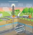 As illustrated above, each gas well can act as a source of air, water, noise and light pollution that -- individually and collectively -- can interfere with wild animal health, habitats and reproduction. Of particular concern is the fluid and wastewater associated with hydraulic fracturing, or "fracking," a technique that releases natural gas from shale by breaking the rock up with a high-pressure blend of water, sand and other chemicals.