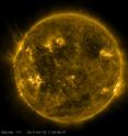 NASA's Solar Dynamics Observatory captured this image of what the sun looked like on April 23, 2013, at 1:30 p.m. EDT when the EUNIS mission launched. EUNIS focused on an active region of the sun, seen as bright loops in the upper right in this picture.