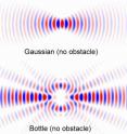 This animation shows the self-bending dynamics and obstacle-circumventing capabilities of the acoustic bottle field  compared to a Gaussian beam. Sound energy can be seen flowing through the curved shell of the bottle.