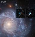 The two inset images show before-and-after images captured by NASA's Hubble Space Telescope of Supernova 2012Z in the spiral galaxy NGC 1309. The white X at the top of the main image marks the location of the supernova in the galaxy.