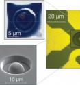 These images show a diamond sample with a hemispherical lens (right and lower left), and the location of a single electron spin/quantum state visible through its light emission (upper left). The scale bar on the image at upper left measures five microns, the approximate diameter of a red blood cell.