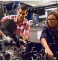The two researchers, Postdoc Immo S&#246;llner (left) and PhD-student Marta Arcari (right) have been the driving force in the work with the experiment here at the quantum photonics lab at the Niels Bohr Institute.