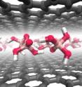 A new route to making graphene has been discovered that could make the 21st century's wonder material easier to ramp up to industrial scale. Graphene, which has super strength and the ability to conduct heat and electricity better than any other known material, has potential industrial uses that include flexible electronic displays, high-speed computing, stronger wind-turbine blades, and more-efficient solar cells, among other uses now under development. This image shows a model of the intercalation of Br&#248;nsted acid molecules between single-atomic layers of graphene